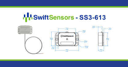 Swift Sensors SS3-613 dimensions: front, side and mounting-hole drawing