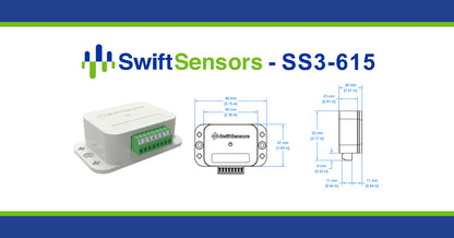 Swift Sensors SS3-615 dimensions: front, side and mounting-hole drawing