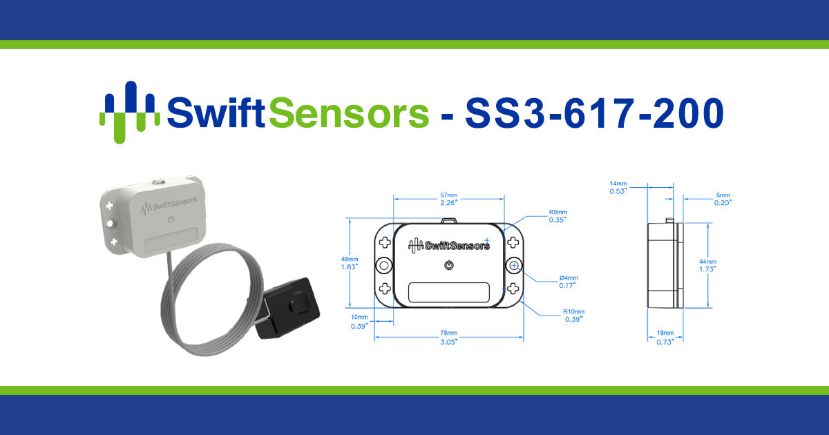 Swift Sensors SS3-617-200 dimensions: front, side and mounting-hole drawing