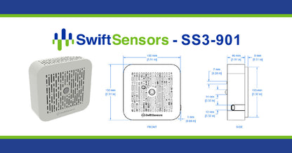 Swift Sensors SS3-901 dimensions: front, side and mounting-hole drawing