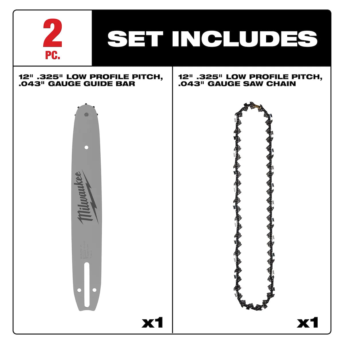 Milwaukee 12" .325" LOW PROFILE Pitch, .043" Gauge Saw Chain and Guide Bar Set 49-16-2846