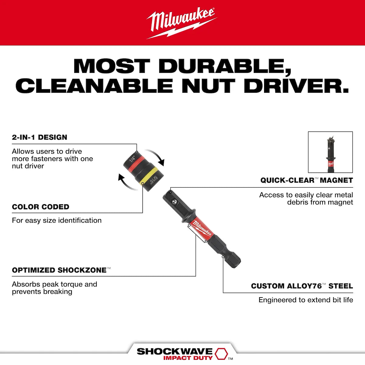 Milwaukee SHOCKWAVE Impact Duty 1/4” and 5/16” x 2-1/4” QUIK-CLEAR 2-in-1 Magnetic Nut Driver 49-66-4542 | 1/4" Drive