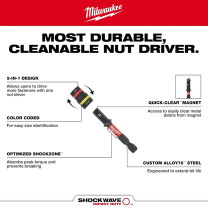 Milwaukee SHOCKWAVE Impact Duty 1/4” and 5/16” x 2-1/4” QUIK-CLEAR 2-in-1 Magnetic Nut Driver 49-66-4542 | 1/4" Drive