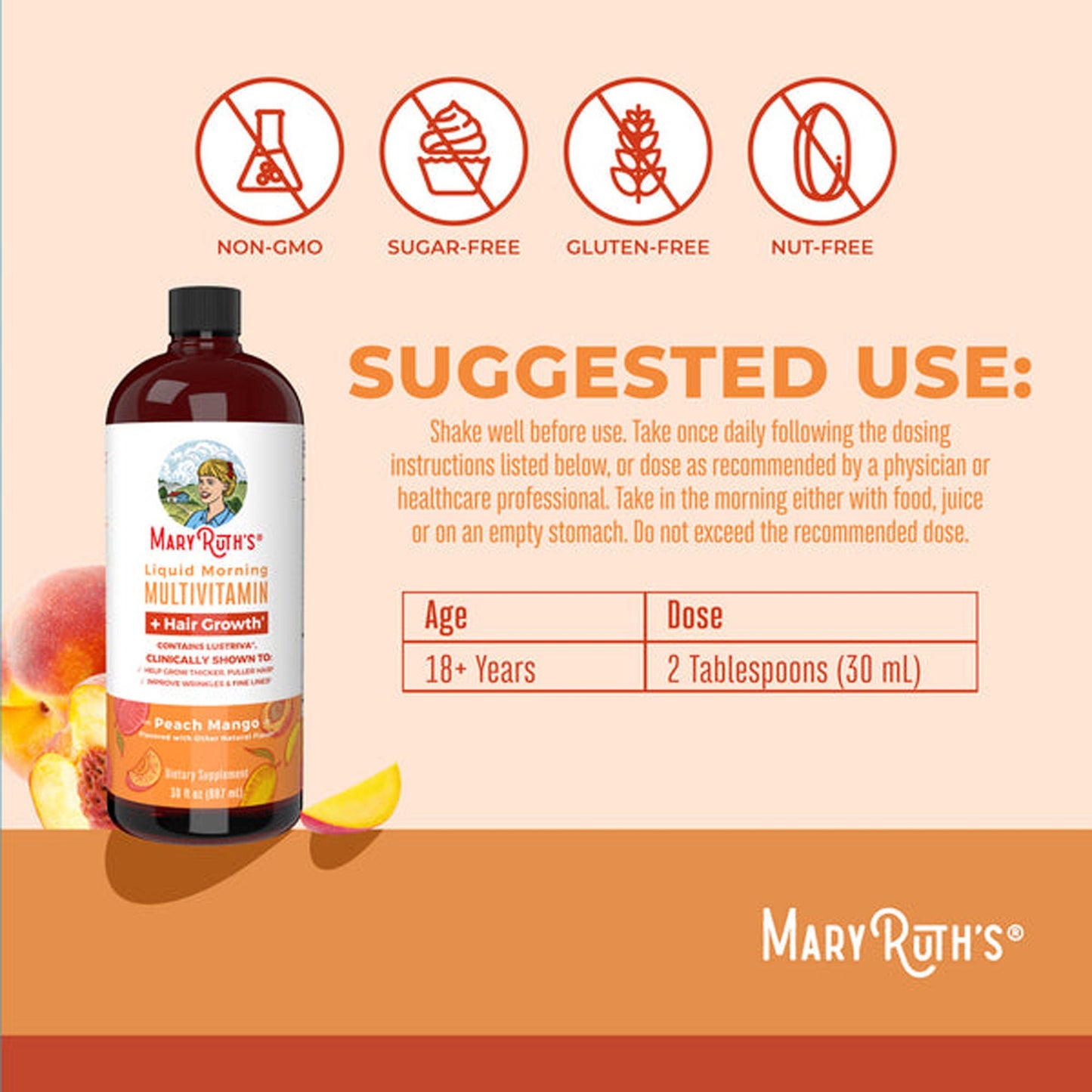 Mary Ruth's Liquid Morning Multivitamin + Hair Growth Multivitamin Supplement Vitamin A / C / D / E 1,010 mcg - 90 mg - 20 mcg - 18 mg Strength Liquid Peach Mango Flavor