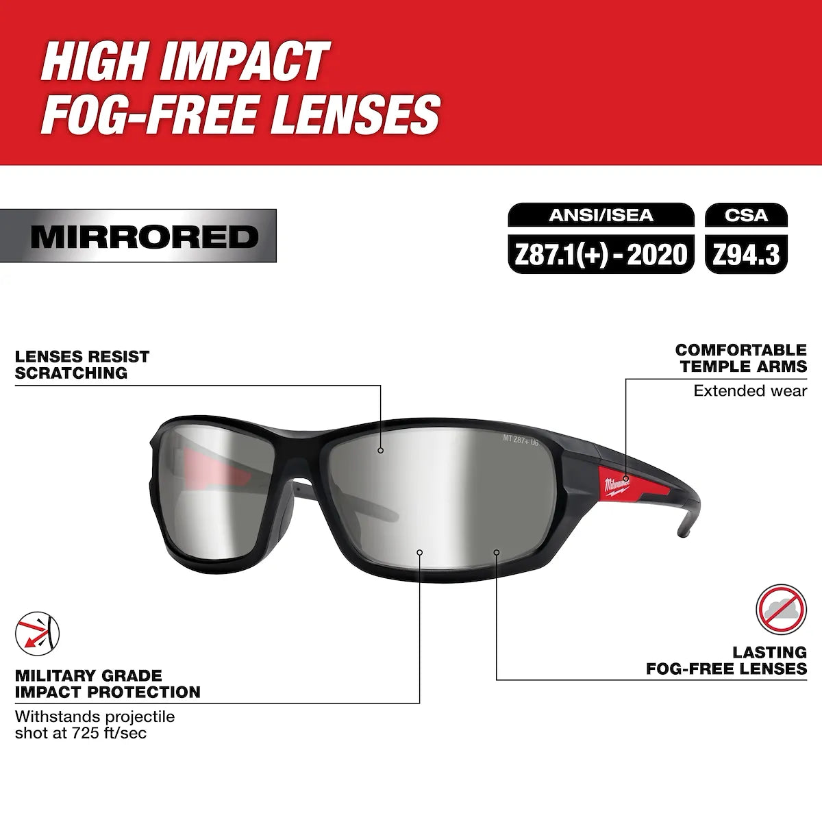 Milwaukee Mirrored Performance Safety Glasses - Fog-Free Lenses 48-73-2129
