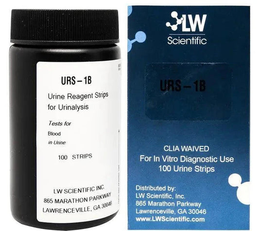 LW Scientific URS-01PR-BL77 single-parameter blood urine reagent test strips 100 per vial hematuria hemoglobinuria professional use ISO 13485