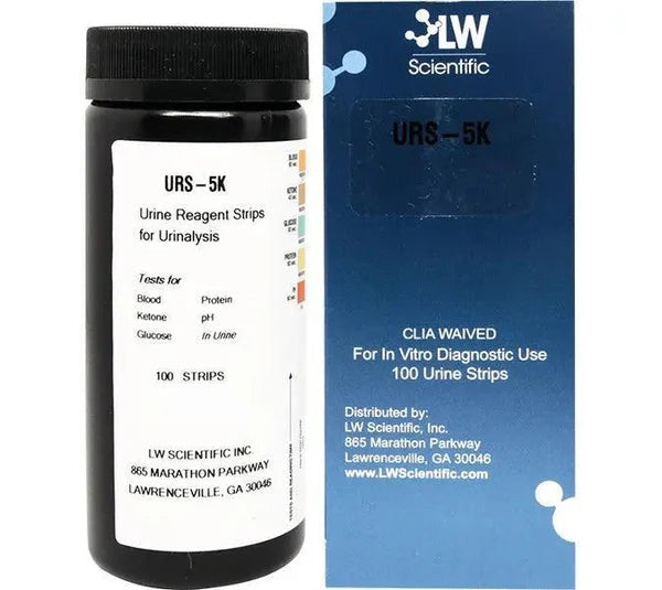 LW Scientific URS-05PR-7777 5-parameter urine reagent test strips glucose protein pH blood ketone 100 per vial professional clinical use