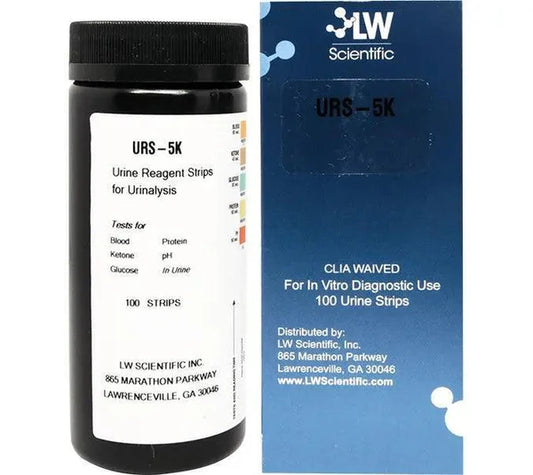 LW Scientific URS-05PR-7777 5-parameter urine reagent test strips glucose protein pH blood ketone 100 per vial professional clinical use