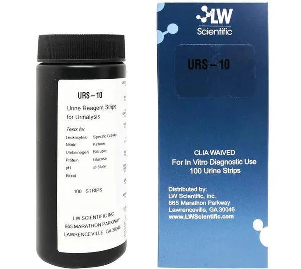 LW Scientific URS-10PR-7777 10-parameter urine reagent test strips vial of 100 professional clinical urinalysis ISO 13485 certified