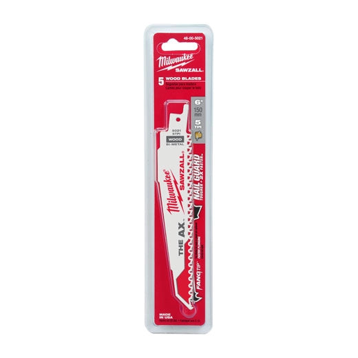 Milwaukee 6" 5 TPI AX SAWZALL Blade for Wood with Nails (5 PK) 48-00 | 6 in Blade Length