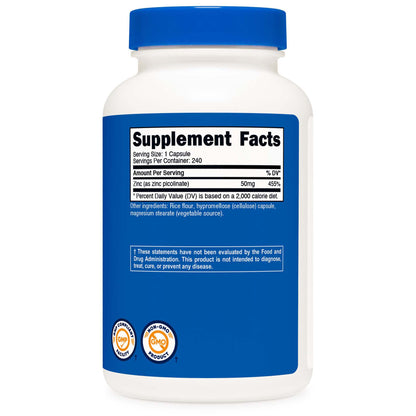 nutricost Dietary Supplement Zinc Picolinate 50 mg Strength Capsule
