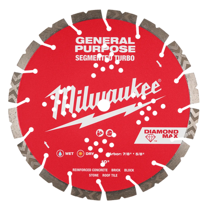 Milwaukee 10" DIAMOND MAX Segmented Turbo, General Purpose Diamond Blade 49-93-9010 | Diamond Coated