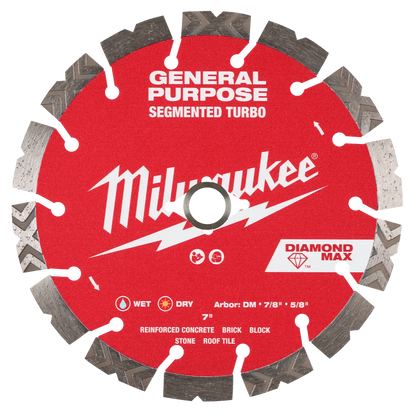 Milwaukee 7" DIAMOND MAX Segmented Turbo, General Purpose Diamond Blade 49-93-9007 | Diamond Coated