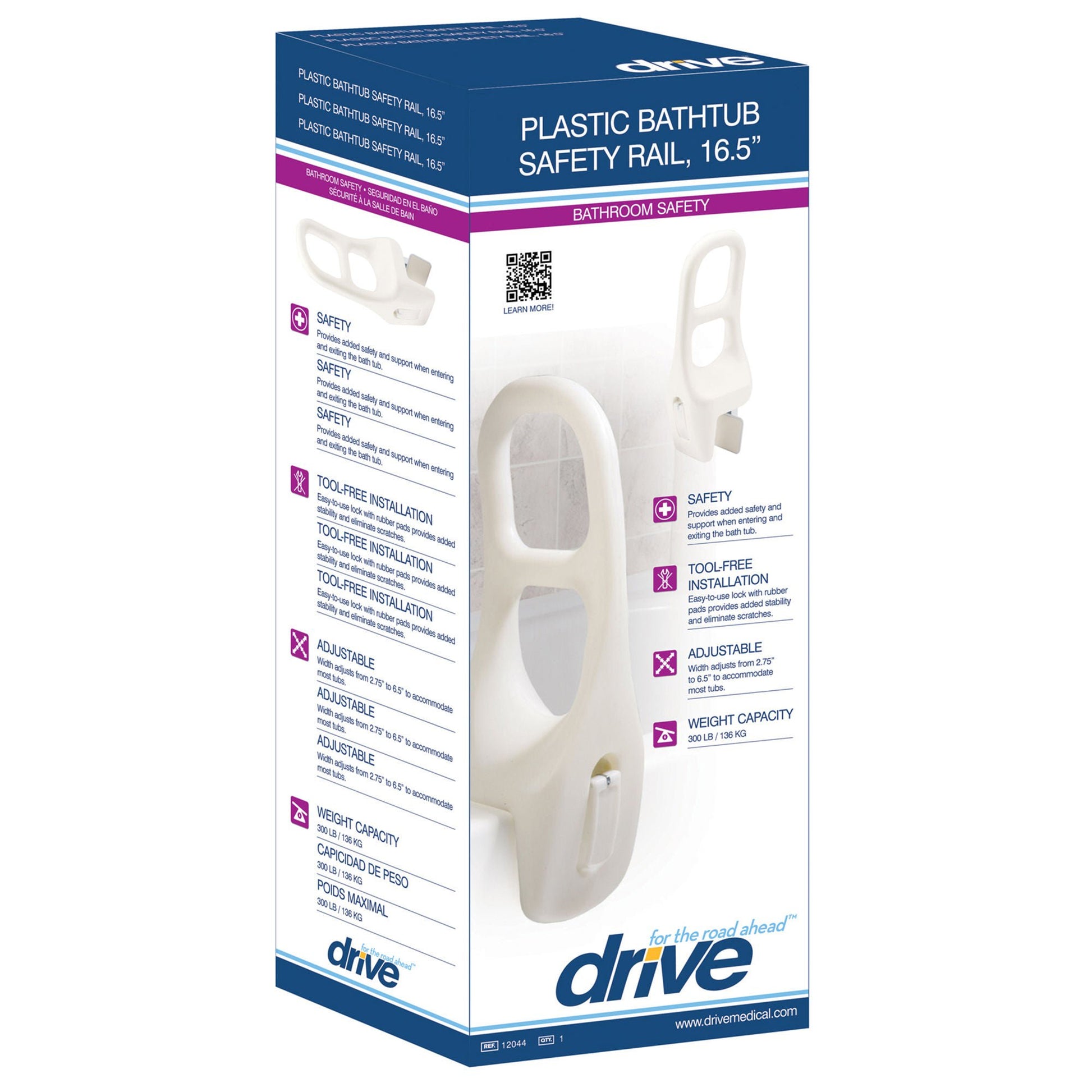 drive™ Bathtub Grab Bar, White, Plastic
