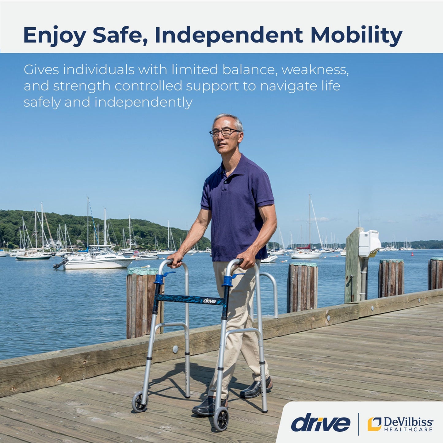 drive™ Aluminum Dual Release Folding Walker, 32 – 39 Inch Height