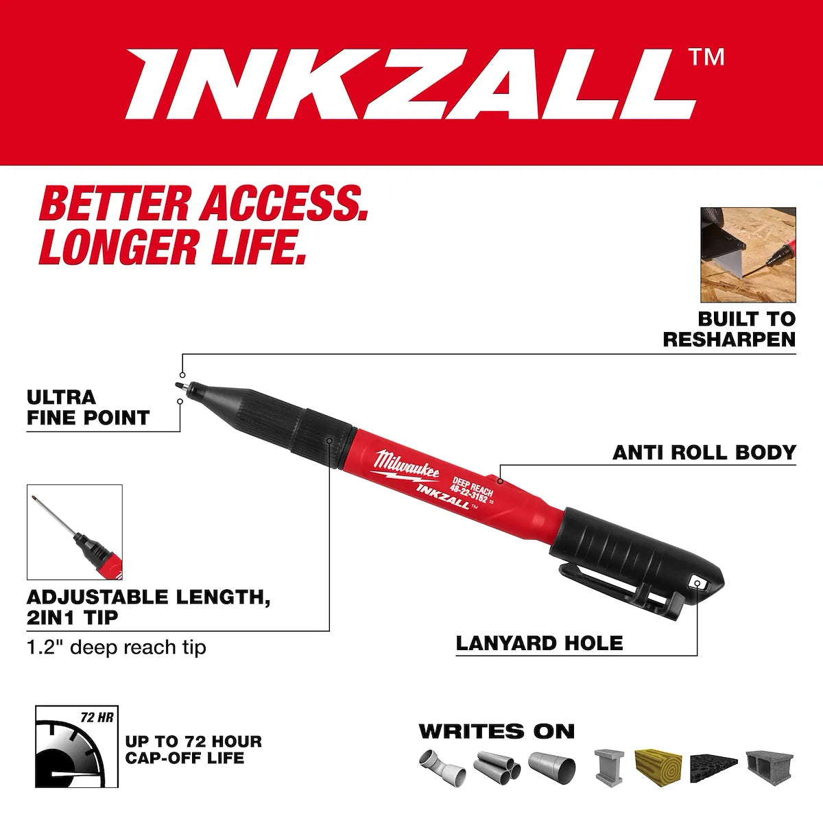 Milwaukee INKZALL 2IN1 Deep Reach Ultra Fine Point Black Jobsite Marker 48-22-3152
