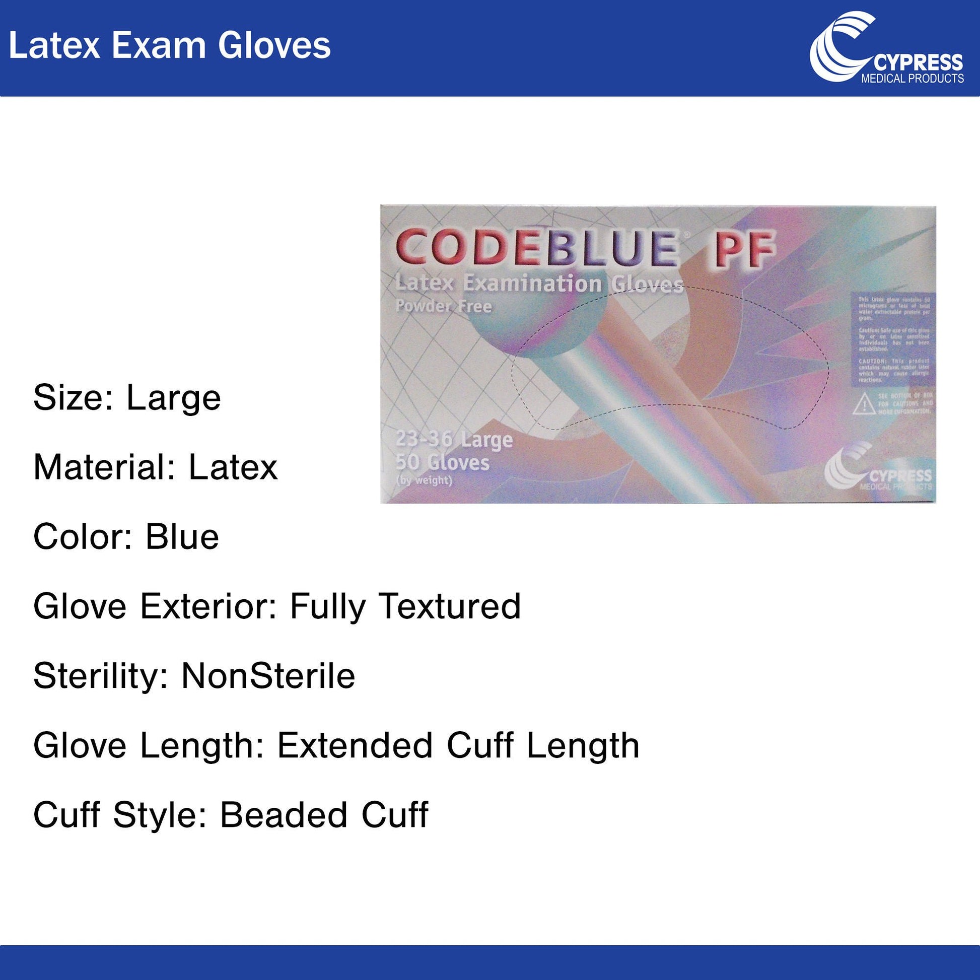 CODEBLUE® PF Latex Exam Gloves, Blue - view 5