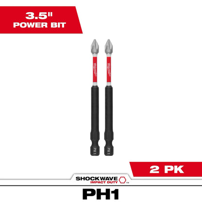 Milwaukee SHOCKWAVE Impact Duty 3-1/2" PH1 Bit (2 PK) 48-32-4660 | PH1 Drive, 2-Piece