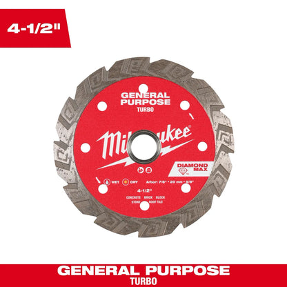 Milwaukee 4-1/2" DIAMOND MAX Turbo, General Purpose Diamond Blade 49-93-9104 | Diamond Coated