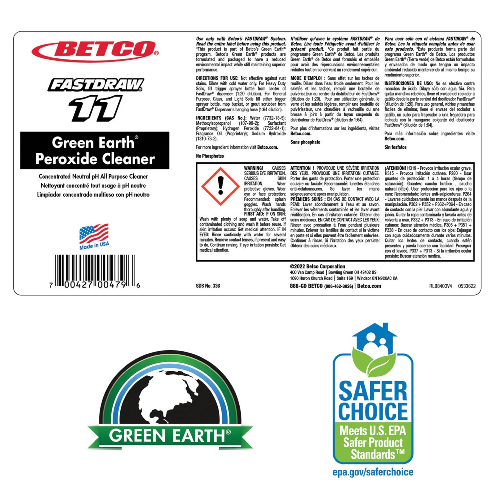 Betco Green Earth Peroxide Surface Disinfectant Cleaner Peroxide Based Manual Pour Liquid Concentrate Jug Fresh Mint Scent