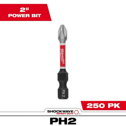 Milwaukee SHOCKWAVE Impact Duty 2" Power Bit PHILLIPS #2 Bulk 250 48-32-4862 | PH2 Drive