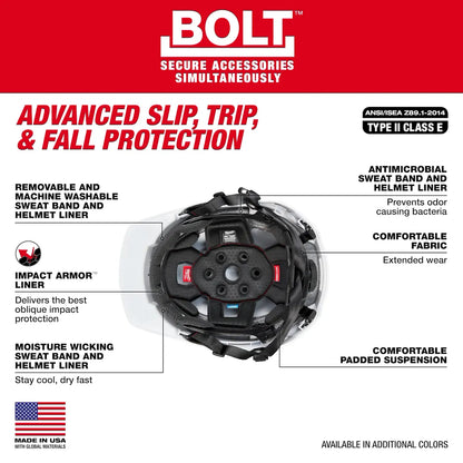 Milwaukee BOLT Red Front Brim Safety Helmet with IMPACT ARMOR Liner (USA) - Type 2, Class E 48-73-1365 | 3-Piece, Molded Plastic