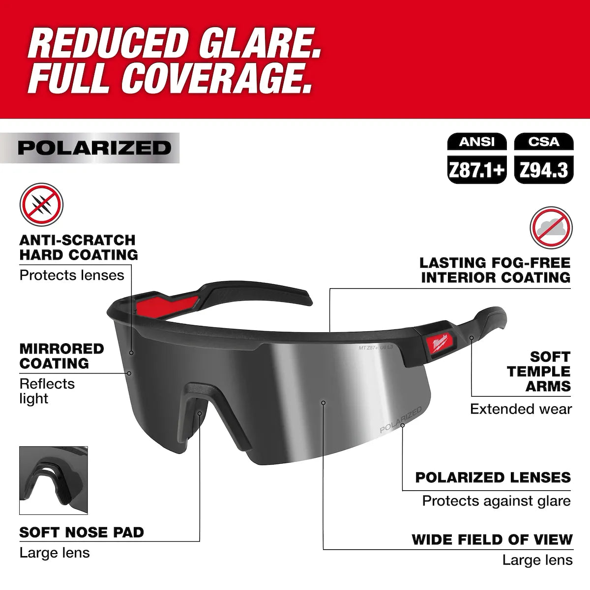 Milwaukee Polarized Wrap Around Safety Glasses - Silver Mirrored Dual Coat Lenses 48-73-2503
