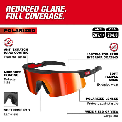 Milwaukee Polarized Wrap Around Safety Glasses - Red Mirrored Dual Coat Lenses 48-73-2501