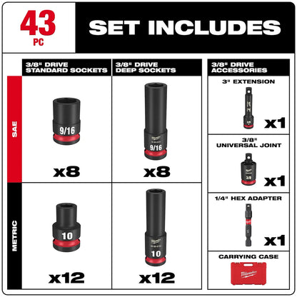 Milwaukee 43PC SHOCKWAVE Impact Duty 3/8" Drive SAE & Metric Deep 6 Point Socket Set 49-66-6139