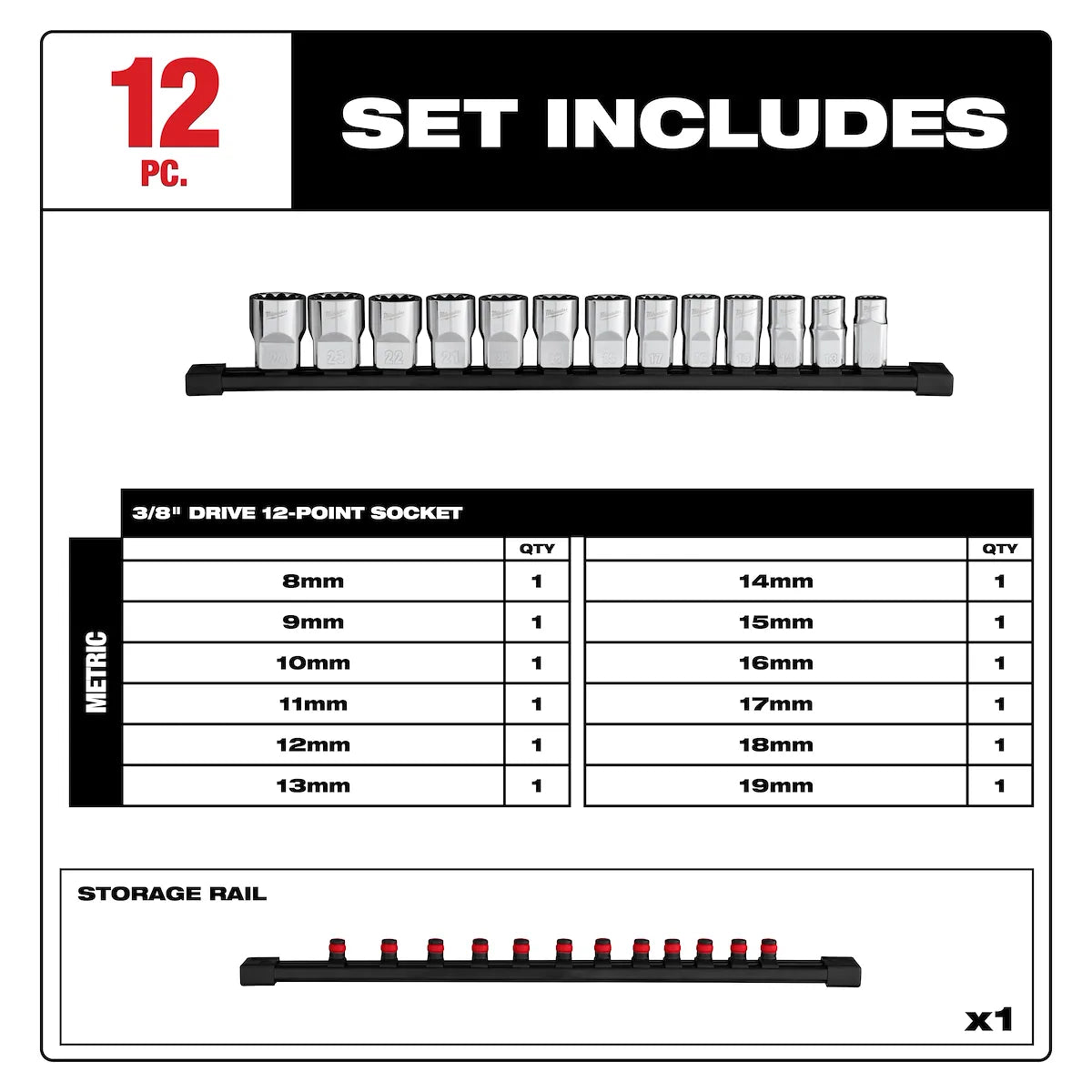 Milwaukee 12pc 3/8” Drive 12-Point Metric Socket Set 48-22-9520 | Chrome Vanadium Steel