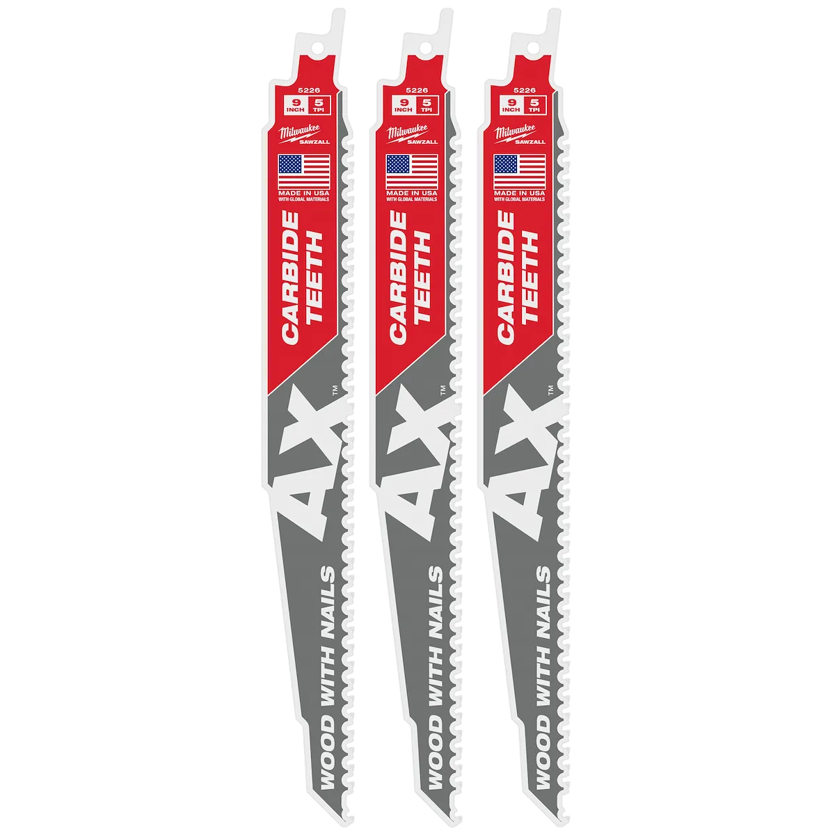 Milwaukee 9" 5 TPI AX with Carbide Teeth SAWZALL Blade for Wood with Nails (1 PK) 48-00-5226 | 9 in Blade Length