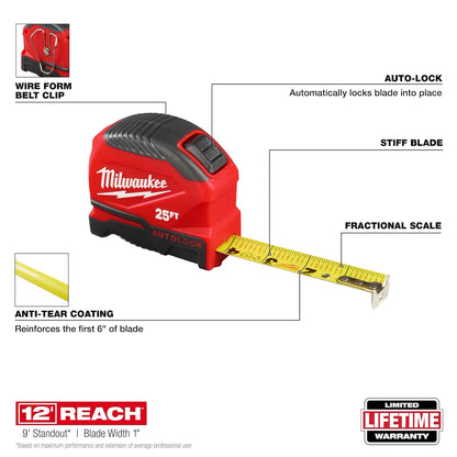 Milwaukee 25ft Auto-Lock Tape Measure 48-22-1825 | 300 in Blade Length