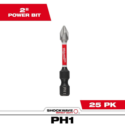 Milwaukee SHOCKWAVE Impact Duty 2" Phillips #1 Power Bits Bulk 25 48-32-4760 | PH1 Drive, 25-Piece