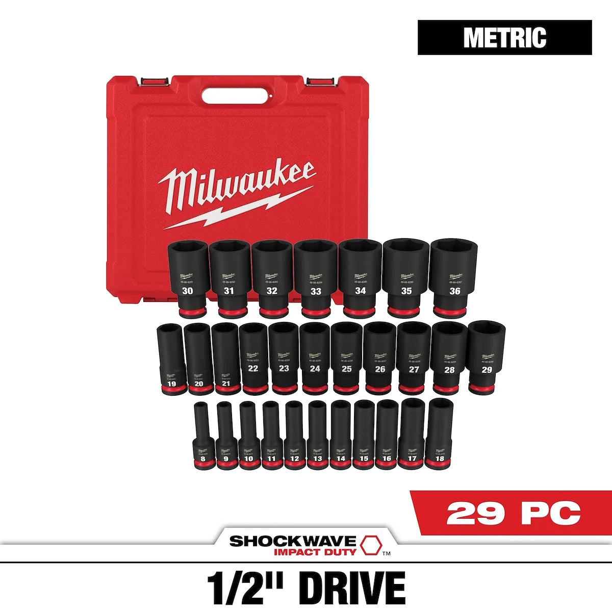 Milwaukee 29PC SHOCKWAVE Impact Duty 1/2" Drive Metric Deep 6 Point Socket Set 49-66-6294