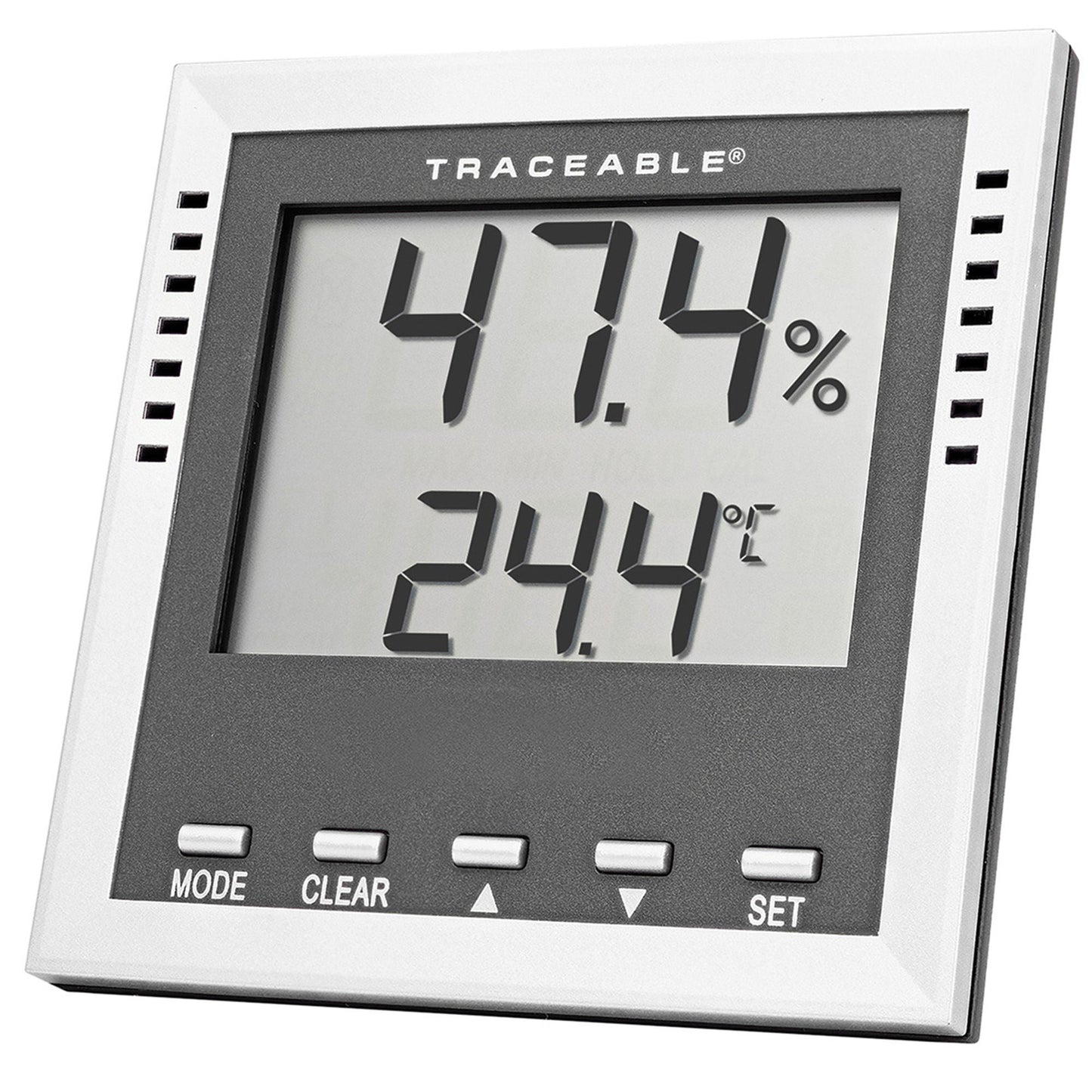 Traceable Dew Point / Wet Bulb / Humidity / Thermometer with Alarm Fahrenheit / Celsius -40° to 158°F (-40° to 70°C) Internal Sensor Flip-out Stand / Wall Mount Battery Operated