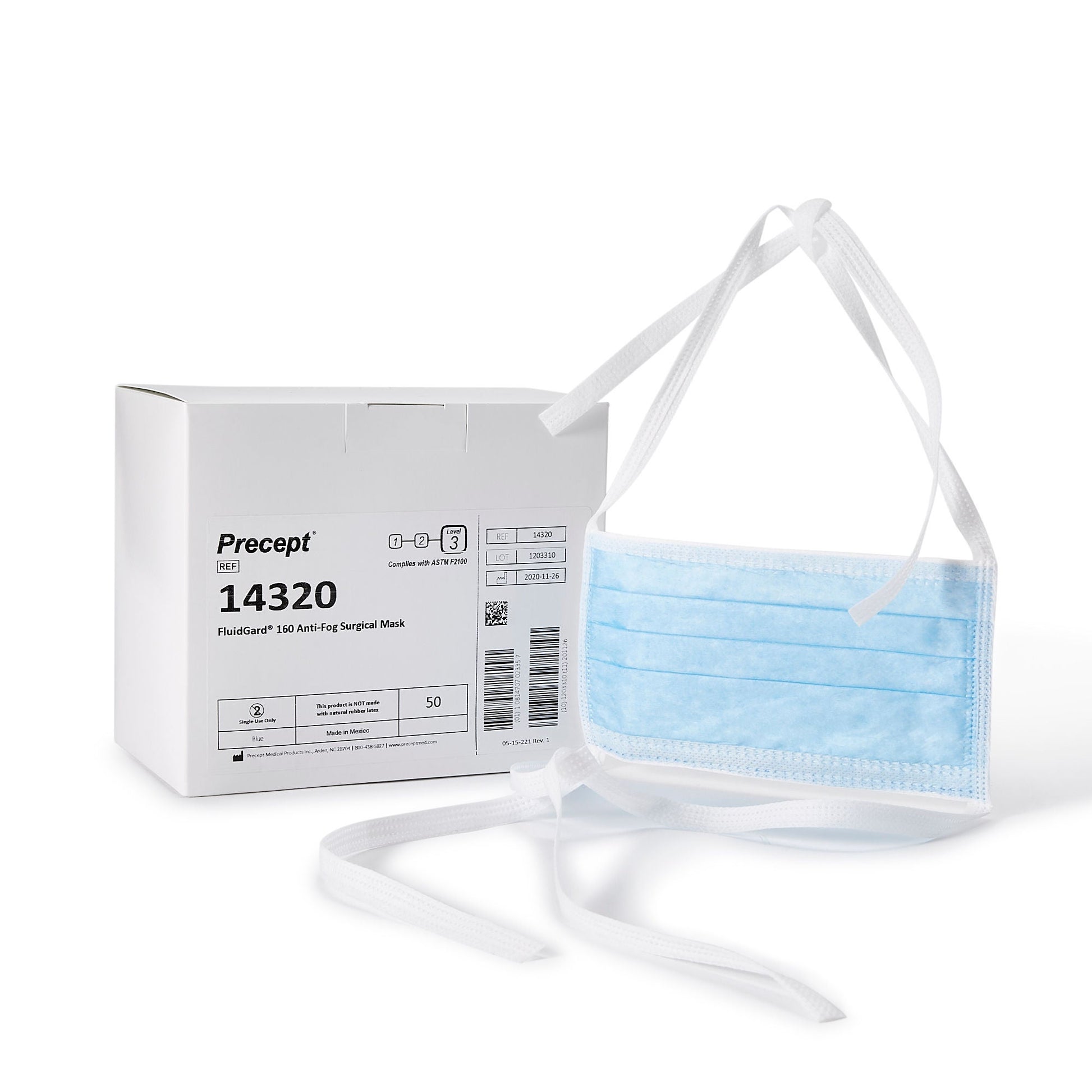 Precept FluidGard 160 Surgical Mask Anti-fog Foam ASTM Level 3 Tie Closure One Size Fits Most