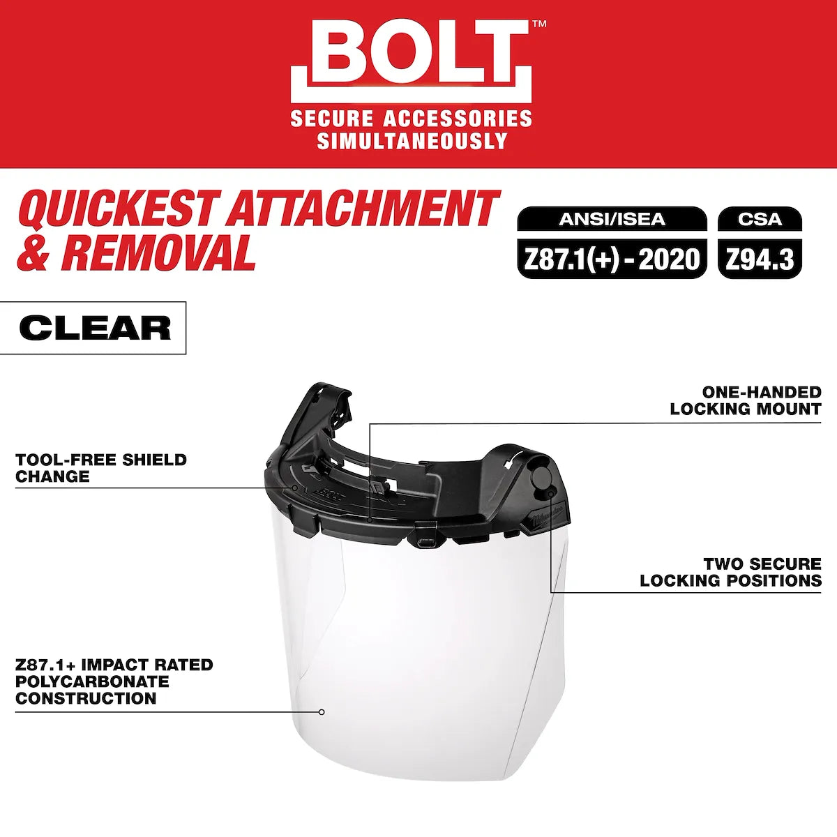 Milwaukee BOLT Task Full Face Shield - Clear Uncoated Lens (Compatible with BOLT Safety Helmets & BOLT Hard Hats) 48-73-1460