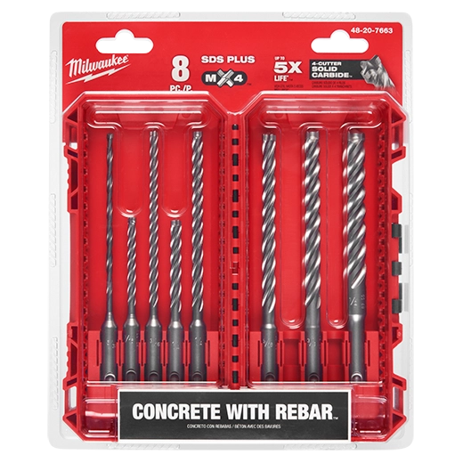 Milwaukee 8 PC SDS Plus MX4 4-Cutter Drill Bit Kit 48-20-7663 | 8-Piece, Solid Carbide