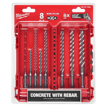Milwaukee 8 PC SDS Plus MX4 4-Cutter Drill Bit Kit 48-20-7663 | 8-Piece, Solid Carbide