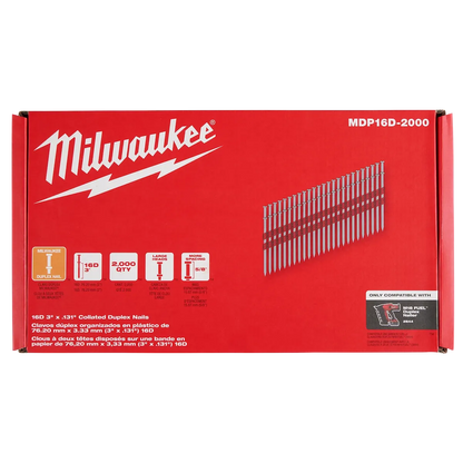 Milwaukee 16D 3” x .131” Collated Duplex Nails MDP16D-2000