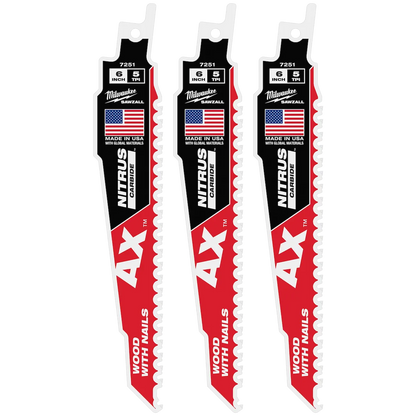 Milwaukee 6" 5 TPI AX w/NITRUS Carbide Teeth SAWZALL Blade for Wood with Nails 48-00-7351 | 6 in Blade Length