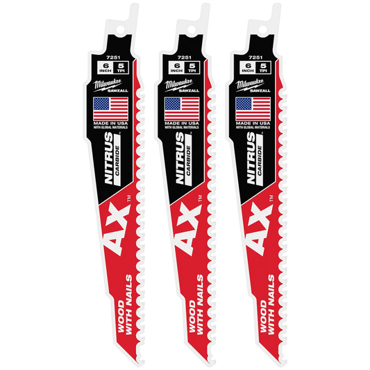 Milwaukee 6" 5 TPI AX w/NITRUS Carbide Teeth SAWZALL Blade for Wood with Nails 48-00-7351 | 6 in Blade Length