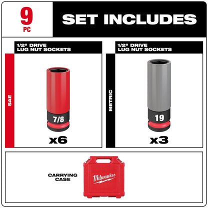 Milwaukee SHOCKWAVE Impact Duty 1/2 Drive SAE & Metric 9PC Lug Nut Wheel Socket Set 49-66-7832 | 1/2 in Drive, 9-Piece