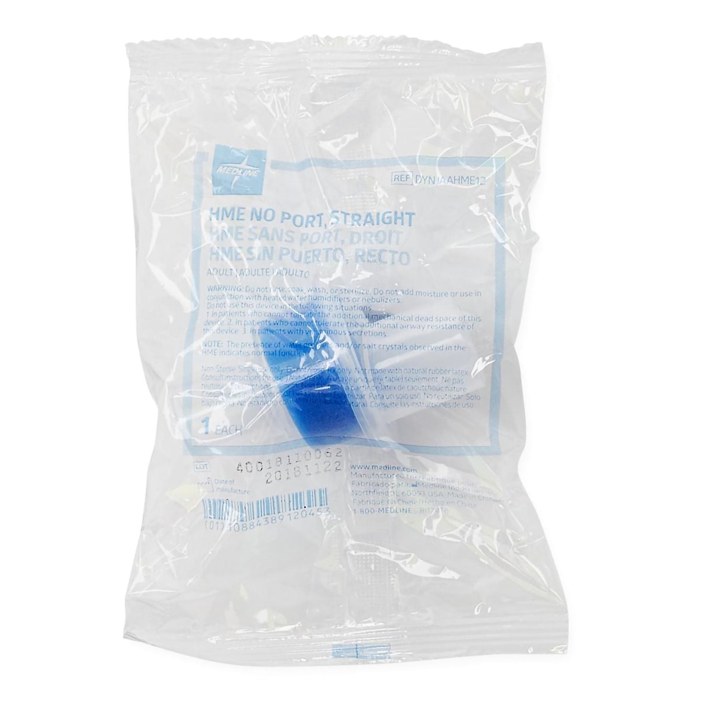 Medline Heat and Moisture Exchanger 33.7 mg H₂O/L @ VT 0.6 cm H₂O @ 30 LPM Straight