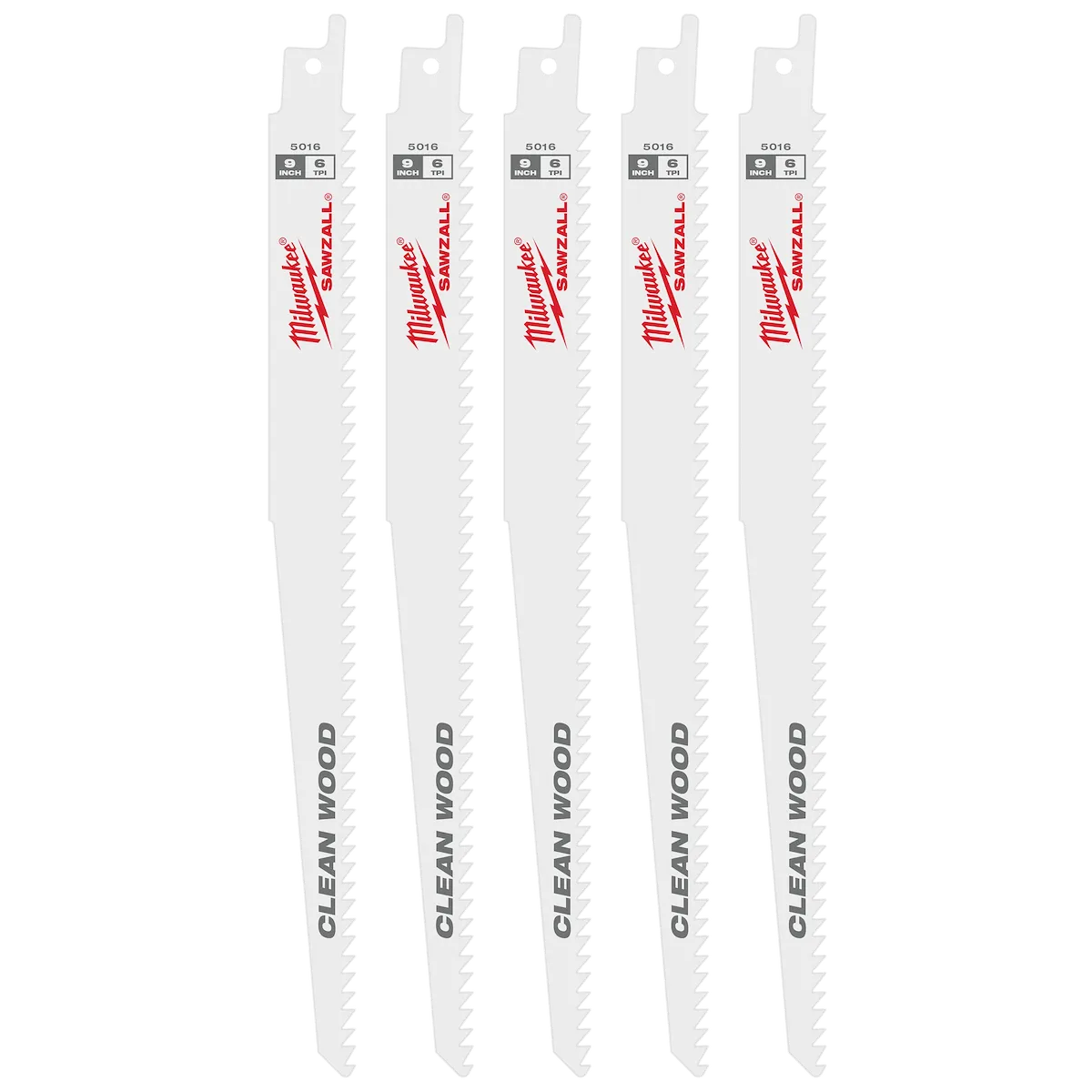 Milwaukee 9" 6 TPI Fleam Ground SAWZALL Blade for Clean Wood (5 PK) 48-00-5016 | 9 in Blade Length, 5-Piece