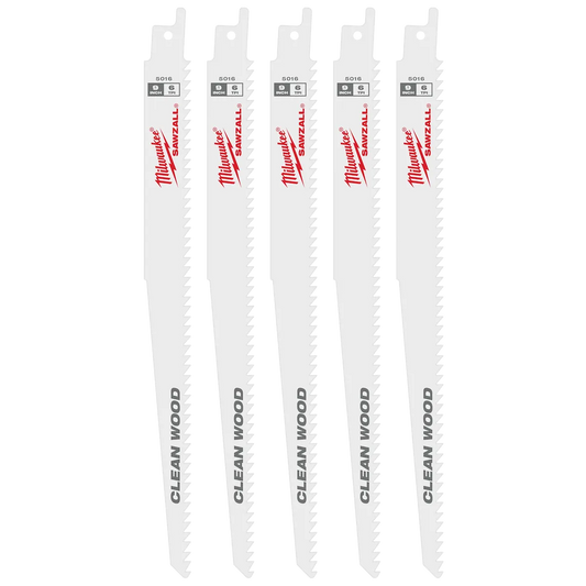 Milwaukee 9" 6 TPI Fleam Ground SAWZALL Blade for Clean Wood (5 PK) 48-00-5016 | 9 in Blade Length, 5-Piece