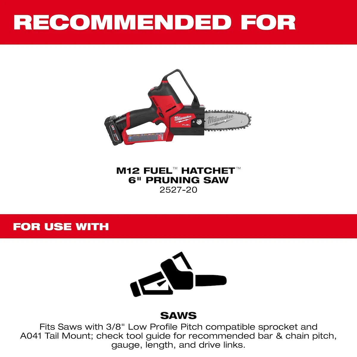 Milwaukee 6" 3/8" LOW PROFILE Pitch, .043" Gauge Saw Chain and Guide Bar Set 49-16-2843
