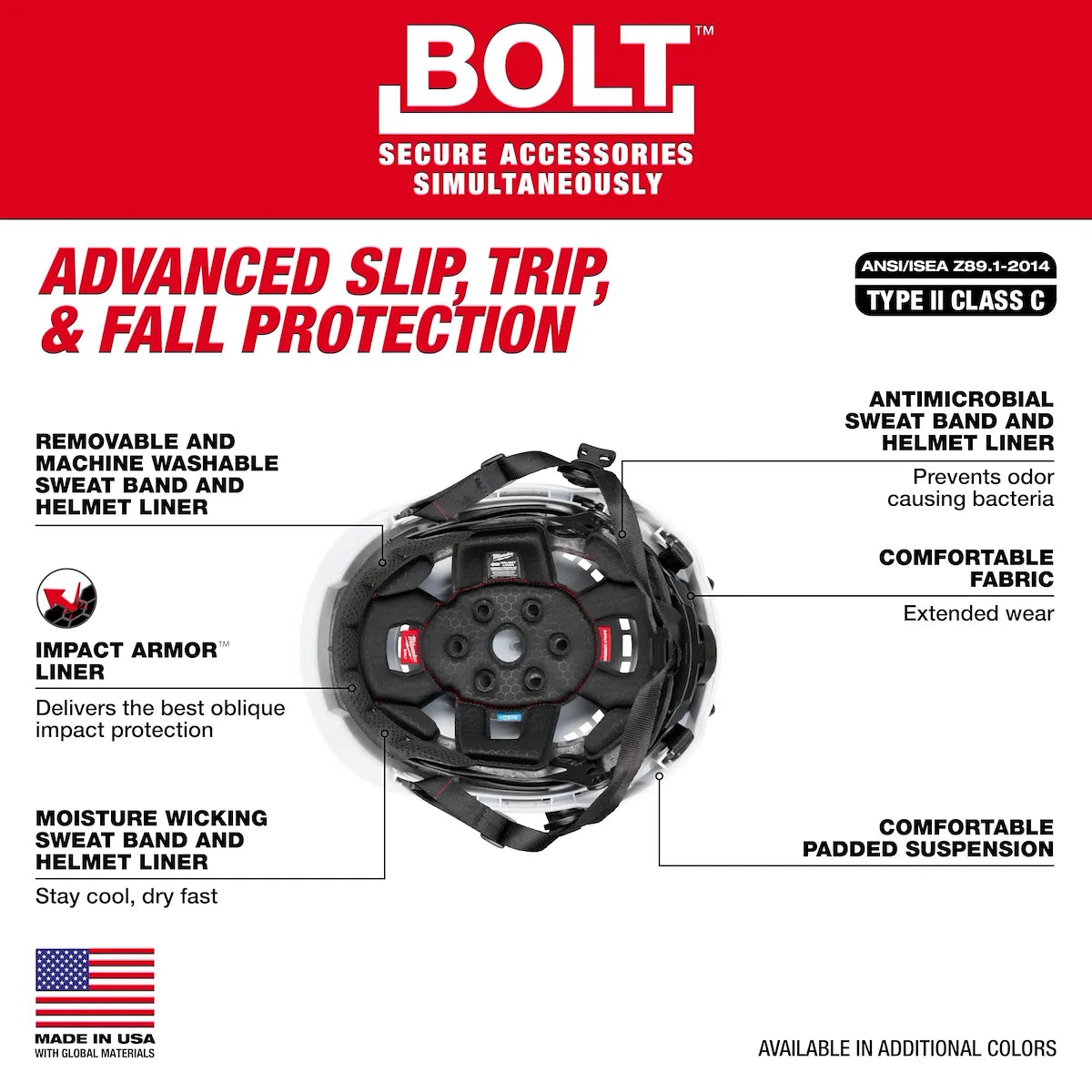 Milwaukee BOLT Red Vented Safety Helmet with IMPACT ARMOR Liner (USA) - Type 2, Class C 48-73-1350 | 3-Piece, Molded Plastic