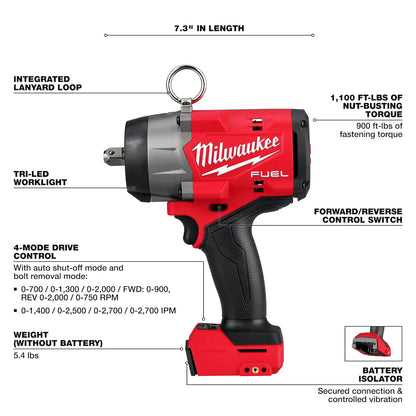 Milwaukee M18 FUEL 1/2" High Torque Impact Wrench w/ Pin Detent 2966-20 | M18 Battery, Glass Filled Nylon