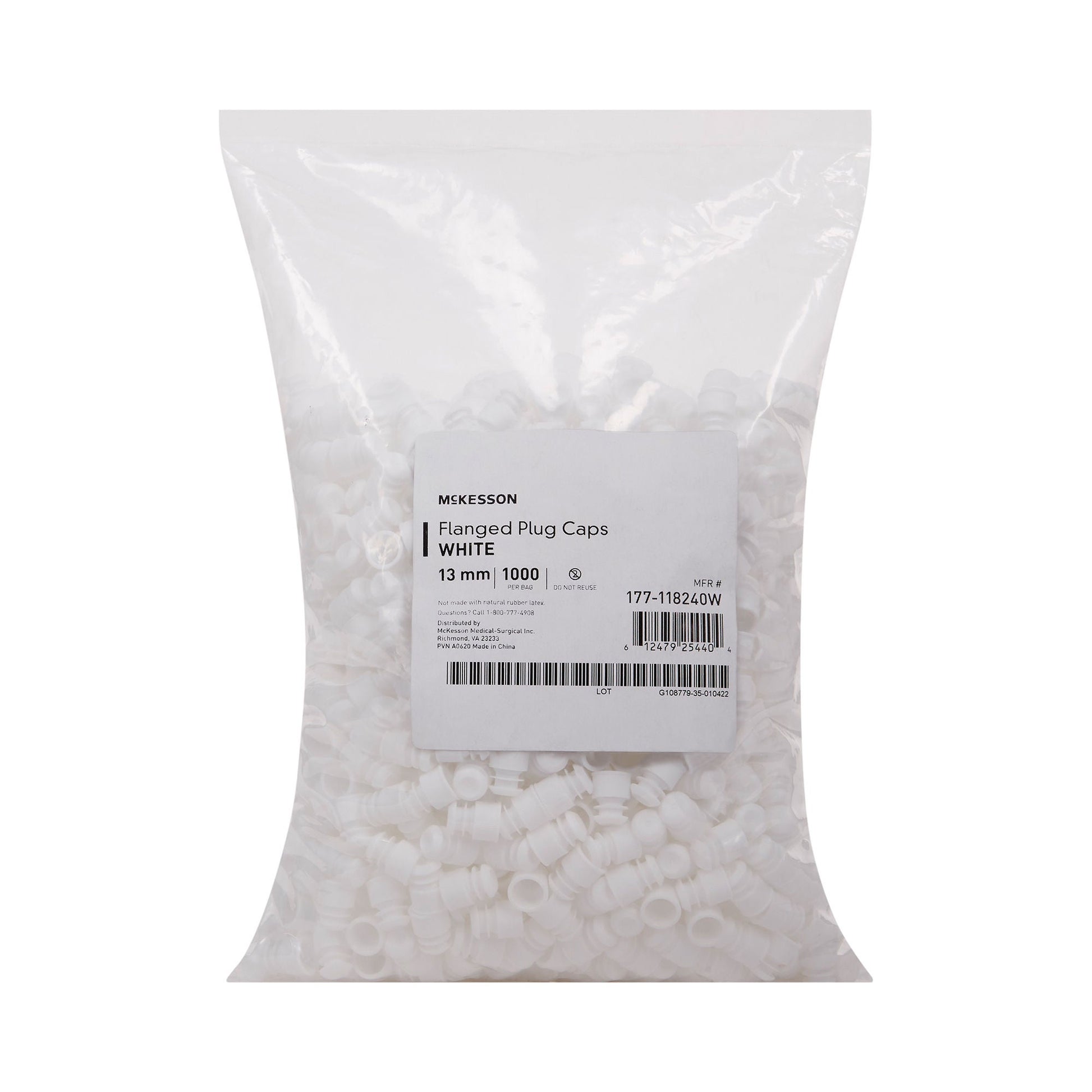 McKesson Flanged Plug Cap, White, Polyethylene, for Use with 13 mm Tubes